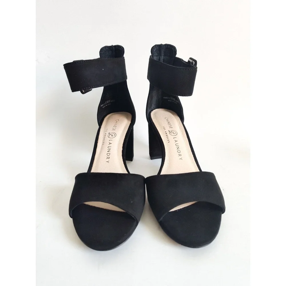 New Chinese Laundry Sandals 6.5 Black Block Heel Ankle Strap Buckle Minimalist